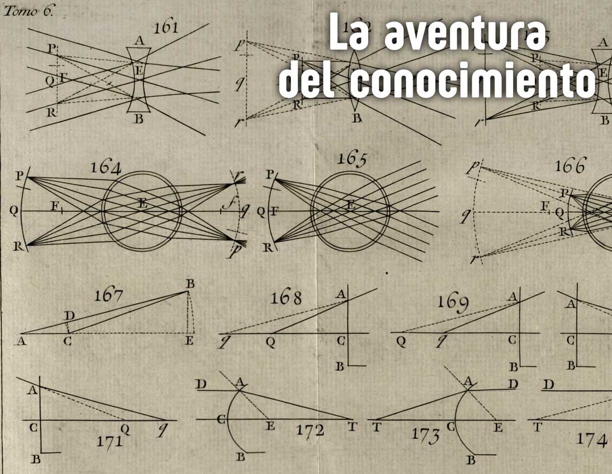 laAventuraDelConocimiento-IO_v3 Un papel antiguo en el que se ven numerosas figuras de trazado de rayos de luz a través de distintas lentes