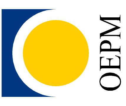 OEPM-oficinaEspañoladePatentesyMarcas Un círculo amarillo con azul a su izquierda y las siglas OEPM a la derecha