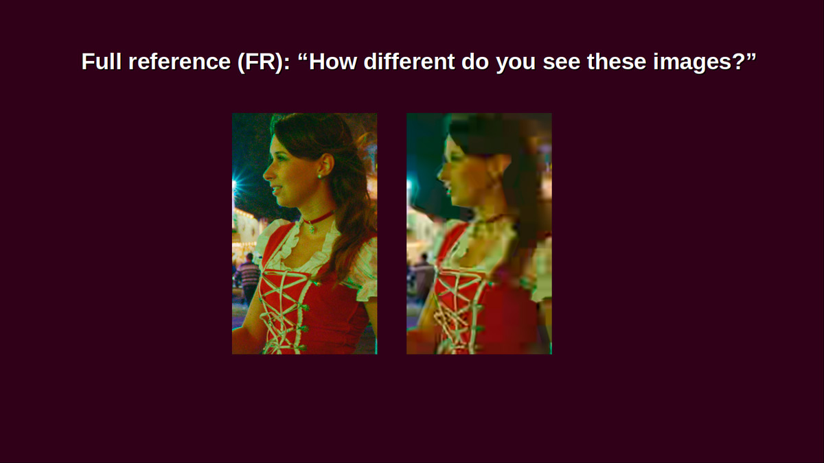 articulo-MBertalmio-metrica Dos imágenes de una mujer, una más pixelada que la otra, encima de ellas se puede leer: "Full Reference, How different do you see these images?"