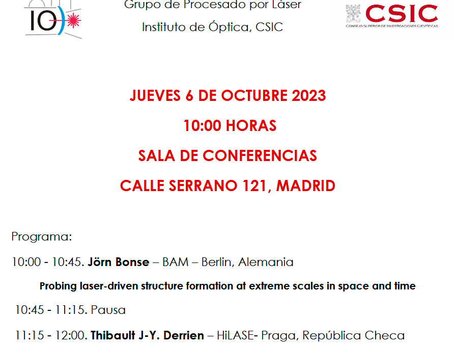 Seminars by Jörn Bonse and Thibault Derrien on Thursday, October 5