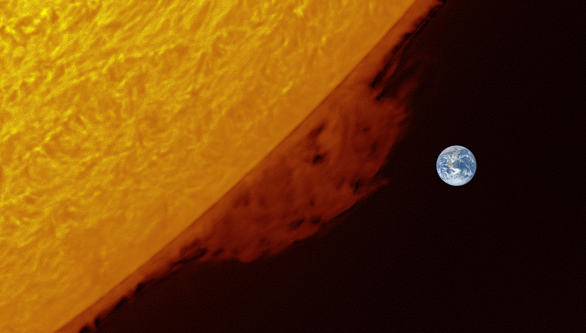 2023-11-09-1335_2-Sun_100r_48T_368reg3_RGB_earth-1200 Montage of an image of a solar flare with the Earth next to it to show that the flare is like 10 times larger than the Earth