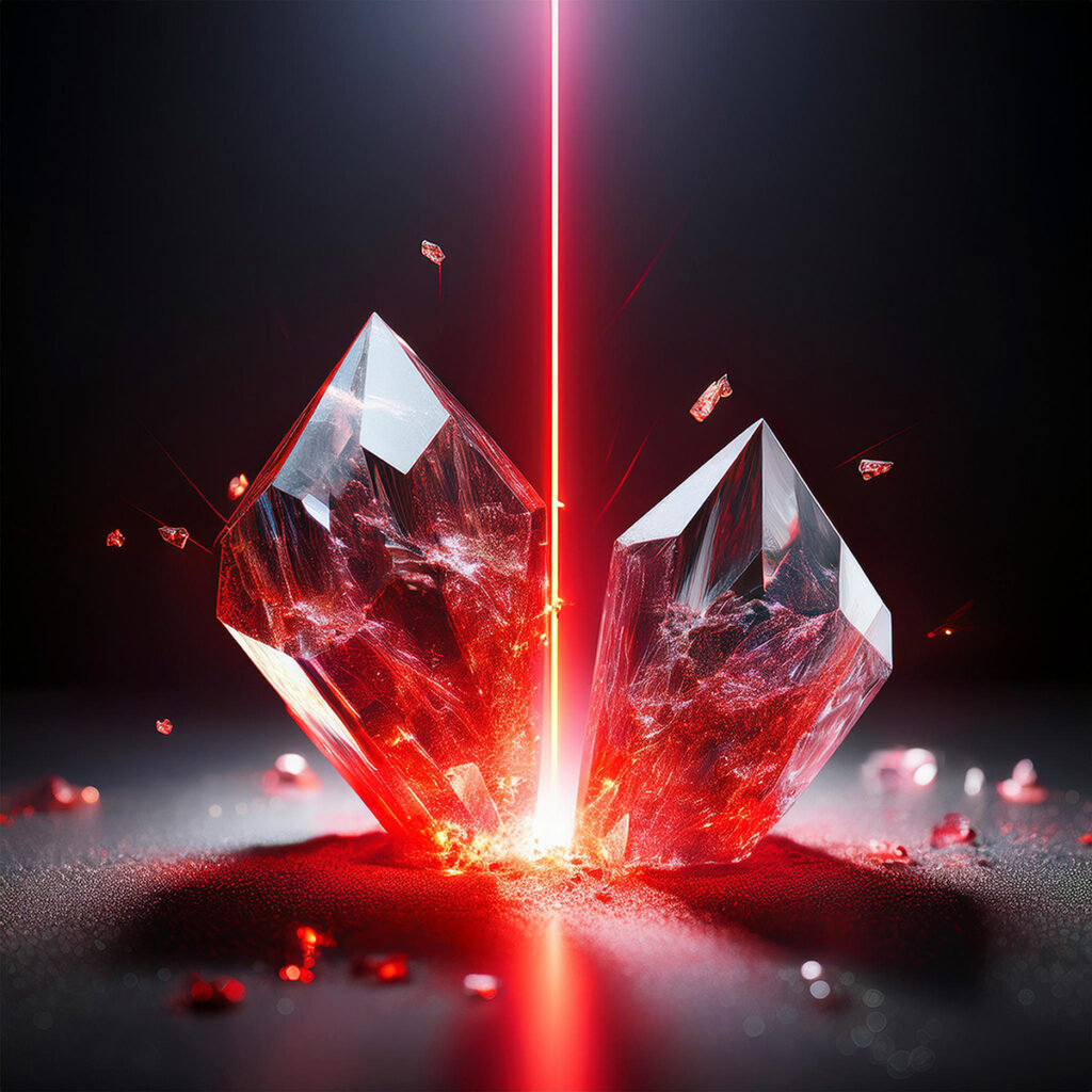 laser con cristales-1200px Image generated by a vertical red laser breaking and separating two irregular clear glass prisms on dark ground