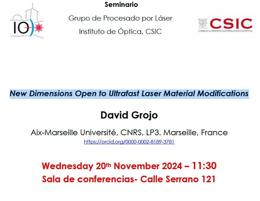 On November 20th, David Grojo from CNRS will give a lecture entitled “New Dimensions Open to Ultrafast Laser Material Modifications”
