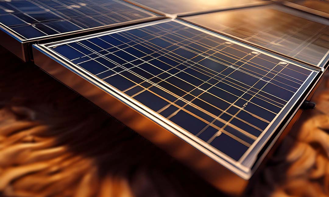 celula solar IA-rect Imagen de la esquina de un panel solar de cerca bajo la luz de un atardecer